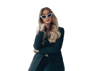 Stylish woman wearing cat eye sunglasses isolated on transparent background