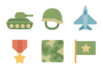Obraz premium Military icons collection: tank, helmet, jet, medal, camouflage, flag in flat design