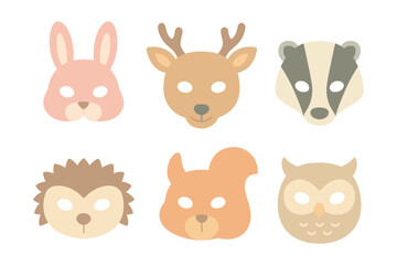 Obraz premium Cute animal masks collection: bunny, deer, badger, hedgehog, squirrel, owl