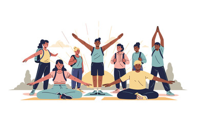 Obraz premium Group of diverse young people doing morning outdoor yoga and stretching exercises together, promoting wellness, balance, and positivity.