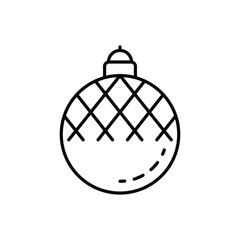A black and white linedrawing depicts a round Christmas ornament It has a lattice pattern and a small rounded top