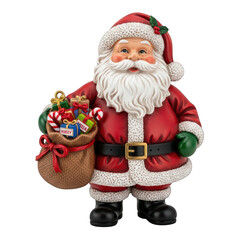 Santa claus figurine holding a sack full of gifts on transparent background