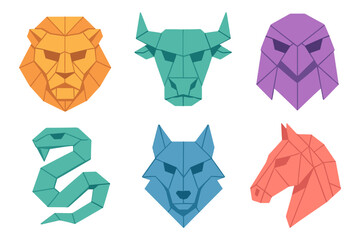 Geometric animal faces in vibrant colors: stylized origami designs