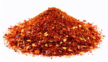 Pile of crushed red chili flakes with spicy seasoning, and isolated on white background.