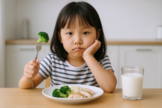 Unhappy Asian Girl Refusing to Eat Broccoli, Expressing Displeasure with Healthy Meal at the Table