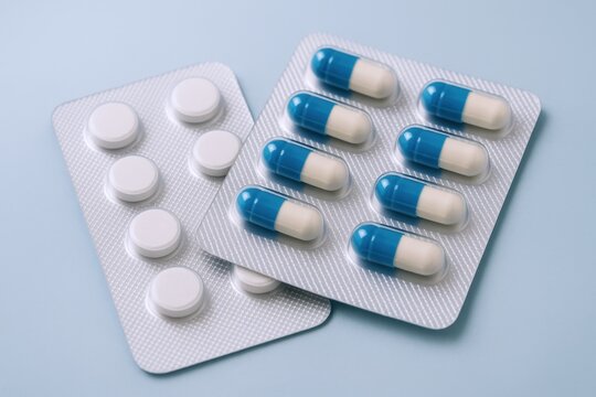 Pharmaceutical Pills and Capsules in Blister Packs, Healthcare Medication for Treatment, Disease Prevention on Blue Background