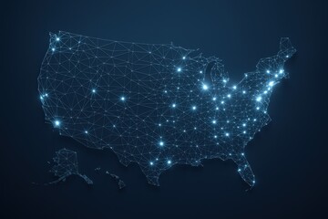 USA Digital Network Map: Futuristic Technology and Connectivity Illustration with Glowing Nodes on Dark Blue Background