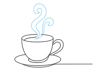 Minimalist one line coffee cup drawing with blue steam swirls for modern design