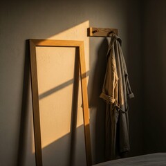 Quiet bedroom corner with an empty frame bathed in warm morning sunlight.