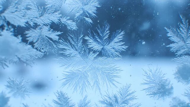 Beautiful blue frost patterns on a window glass forming intricate ice crystal designs A stunning winter background showcasing cold season beauty and frozen nature