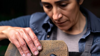 Skilled Artisan Working on a Textured Surface with Focus and Care
