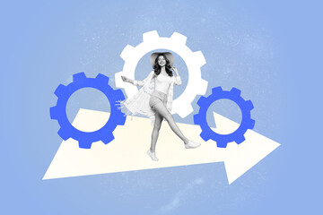 Poster graphics collage of person sit walk image arrows with gear wheel on purple background