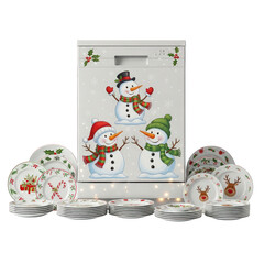 Festive snowman dishwasher with christmas dinnerware on transparent background