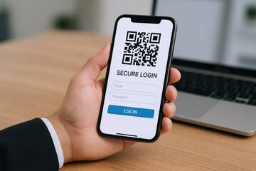 Man Holding Smartphone Displaying QR Code Login Interface for Secure Digital Access and Authentication