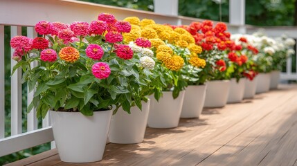 Obraz premium Vibrant Zinnia Flowers in White Pots Lining a Wooden Porch, Displaying a Spectrum of Colors