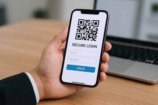 Man Holding Smartphone Displaying QR Code Login Interface for Secure Digital Access and Authentication