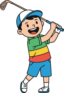 Happy child playing golf cartoon boy swinging a golf club
