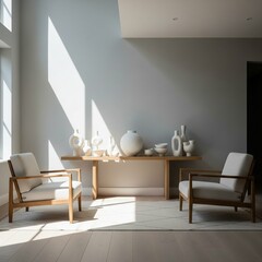Serene and stylish contemporary room interior with sunlight casting long shadows.