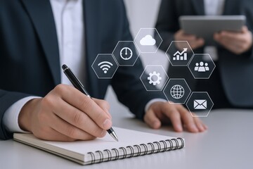 Business Professional Writing Notes with Digital Interface Overlay Displaying Business and Technology Icons