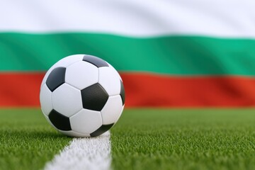 Fototapeta premium Soccer ball resting on field in front of a patriotic flag, symbolising national sporting pride