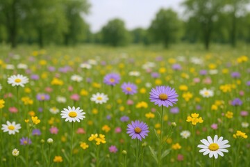 Fototapeta premium Vibrant Meadow with Colorful Wildflowers Blooming in Springtime, Offering a Serene and Peaceful Natural Scene