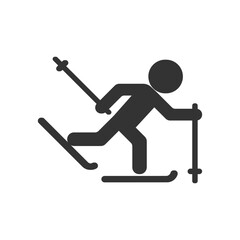 A black silhouette depicts a person skiing with poles The person is on skis one pole in front the other diagonally behind