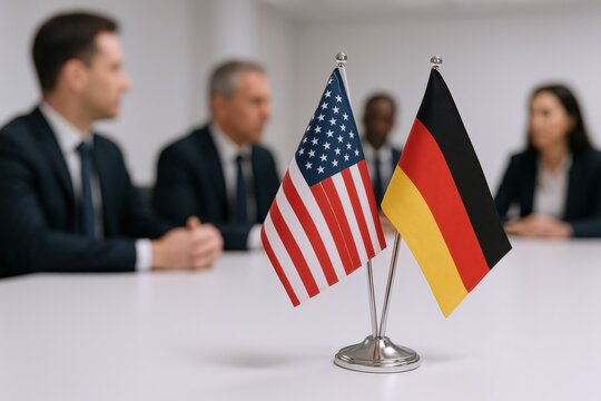US and Germany Flags at International Business Meeting: Collaboration, Trade, and Diplomacy