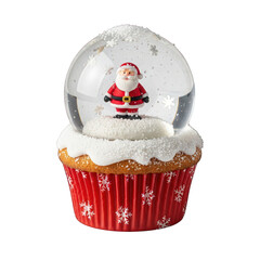 Santa snow globe sits atop a festive cupcake on transparent background