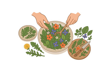 preparing wild salad with edible flowers and forest greens seasonal cooking concept flat vector illustration style isolated on white background