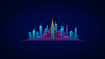Minimal vector design of Thai architecture outline blended with futuristic cityscape, concept of modern Bangkok, and neon color theme