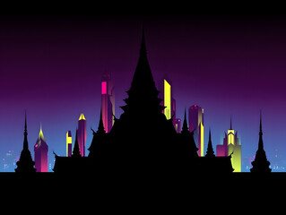 Minimal vector design of Thai architecture outline blended with futuristic cityscape, concept of modern Bangkok, and neon color
