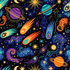 Naklejka premium Vibrant cosmic pattern with colorful planets, shooting stars, and swirling nebulae against a dark starry night sky