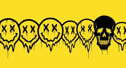 Disturbing melting smiley faces with a bold black skull on vibrant yellow background, conveying dark humor and modern edgy art