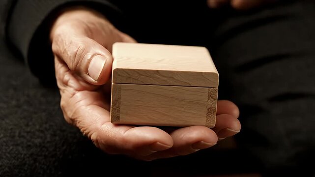 Close-up of wrinkled senior hands gently holding a rustic wooden keepsake box conveying care memory and heritage on a dark background