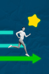 Fototapeta premium Exclusive poster image banner collage of happy businesswoman arrow promotion star reputation development aim achievement