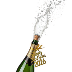 Champagne bottle celebrates new year 2026 with splash on transparent background