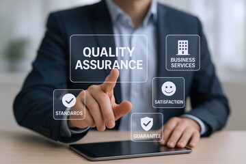 Quality Assurance Concept: Business Professional Interacting with Virtual Interface for Standards, Satisfaction, Guarantee, and Services