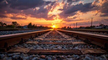 Fototapeta premium Serene Sunset Over Railroad Tracks with Vibrant Colors Reflecting on the Horizon and a Calm, Peaceful Atmosphere in Rural Landscape