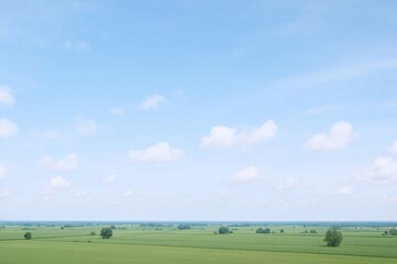 Obraz premium Vast Green Field Under a Blue Sky with Scattered Clouds, Serene Rural Landscape