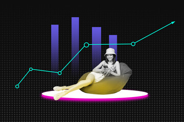Trendy pop creative art collage of happy businesswoman hold phone graph development statistics progress aim achievement purpose