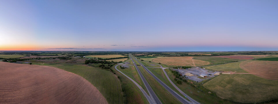 Aerial landscape of desert sunset land in rural historic US route 66 Hext Texas Menard County TX