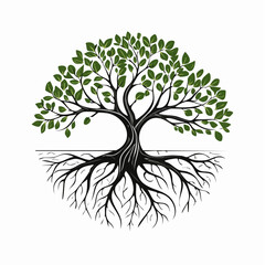 Tree illustration with green leaves and exposed roots isolated on white background
