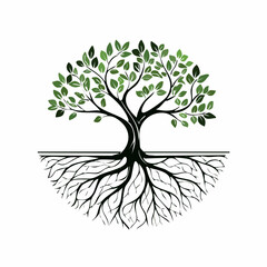 Tree illustration with roots and leaves graphic element on white background