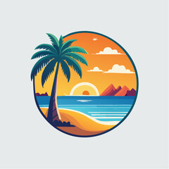 Tropical beach landscape illustration with palm tree sun and ocean in round frame