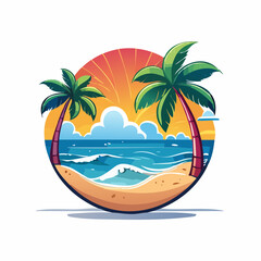 Tropical beach scene with palm trees and ocean in a colorful illustration