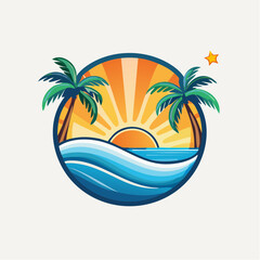Tropical beach scene with palm trees ocean waves and sunrise illustration