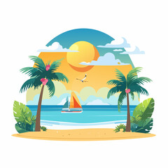 Tropical beach scene with sailboat palm trees and ocean illustration