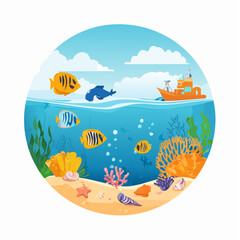 Underwater scene with fish and boat within a circular illustration