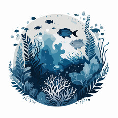 Underwater scene illustration of fish and coral in a circular composition