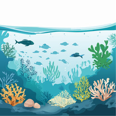 Underwater scene with various fish and coral against a white background